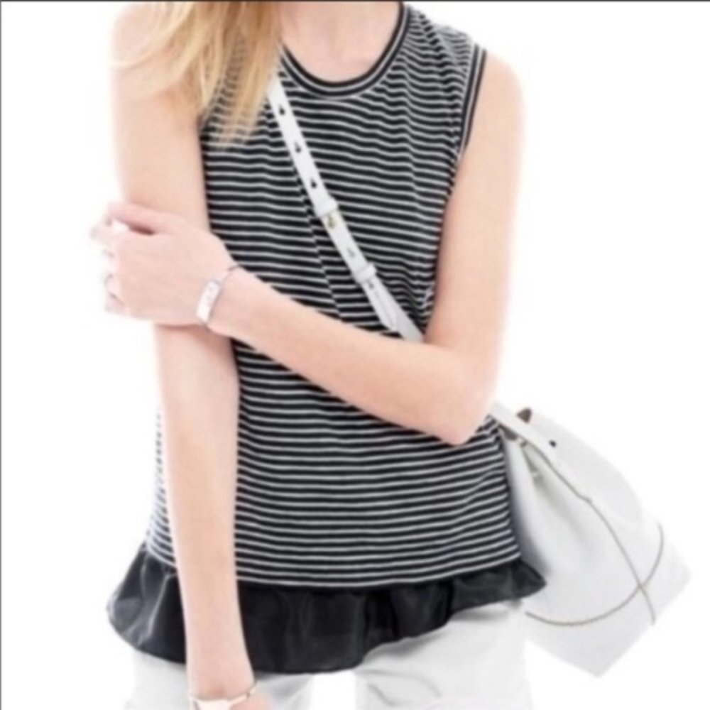 J. Crew | Black &  White Striped Ruffled Hem Tank